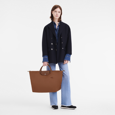 Le Pliage Green L Travel bag , Cognac - Recycled canvas